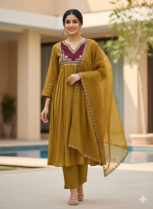 Designer Golden Embroidery Kurti Pant with Dupatta Set