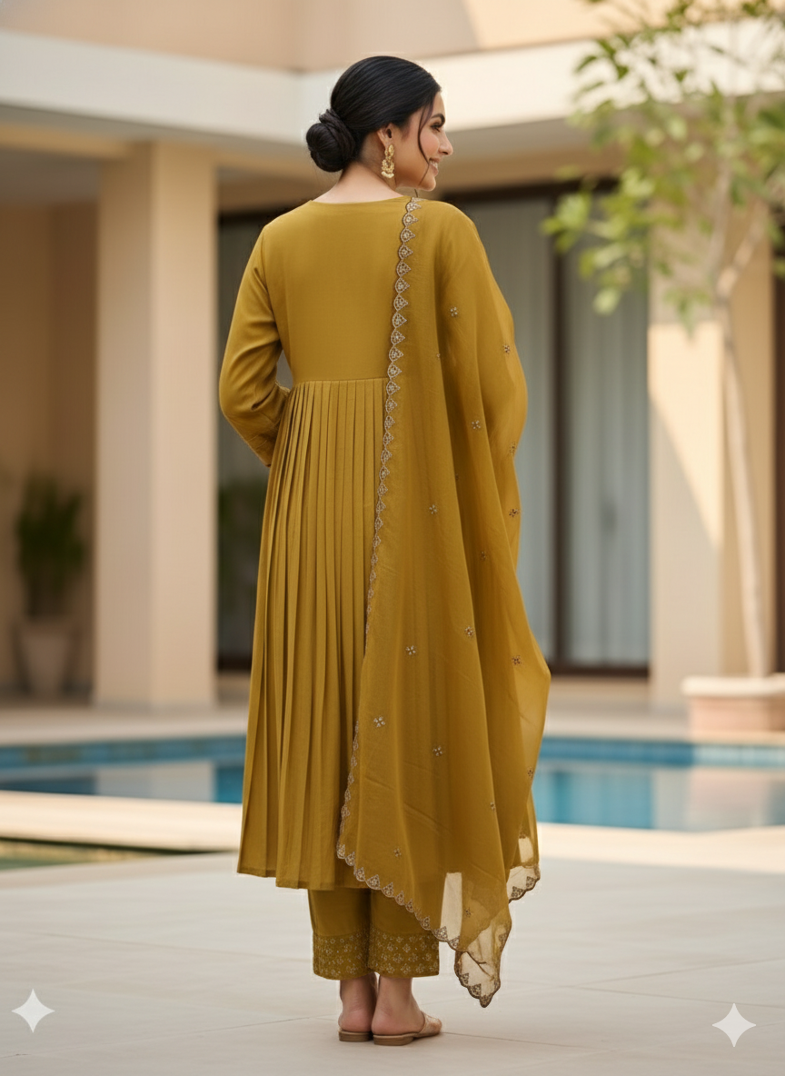 Designer Golden Embroidery Kurti Pant with Dupatta Set