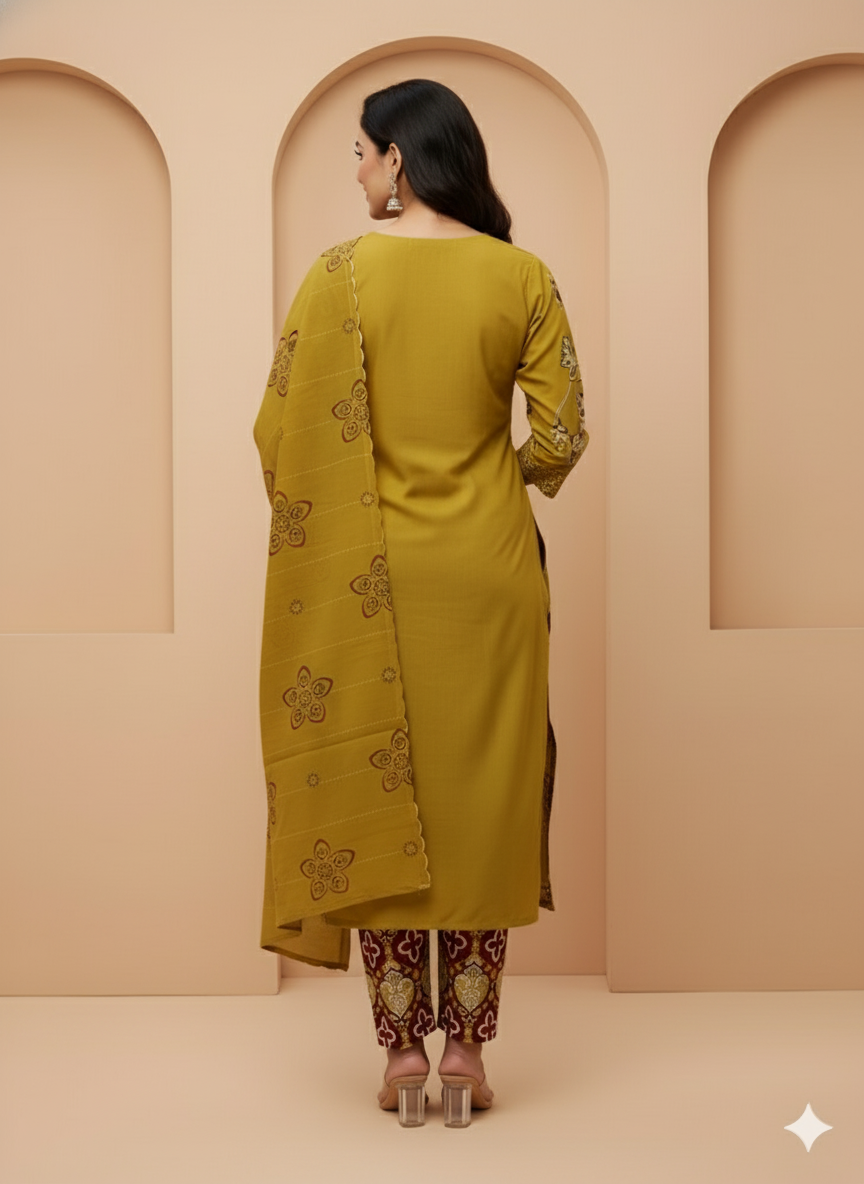 Mustard Floral Print Kurti with Pant and Dupatta Set