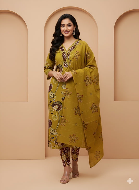 Mustard Floral Print Kurti with Pant and Dupatta Set