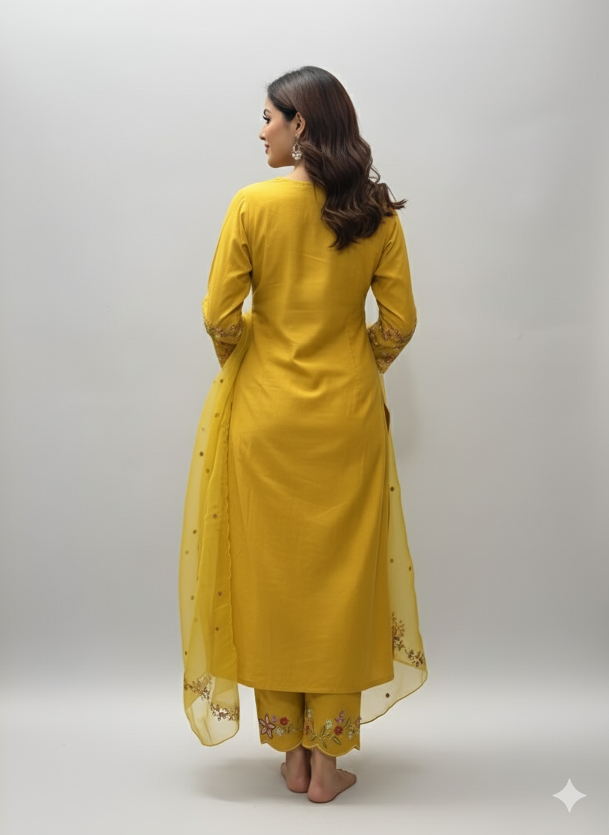 Mustard Designer Embroidered Kurti Pant with Dupatta Set