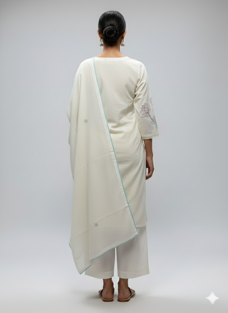 Pure Cotton Hand Embroidered Kurti Pant with Dupatta