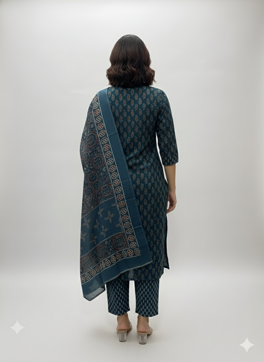 Ajrakh Print Cotton Kurti Pant with Dupatta Set