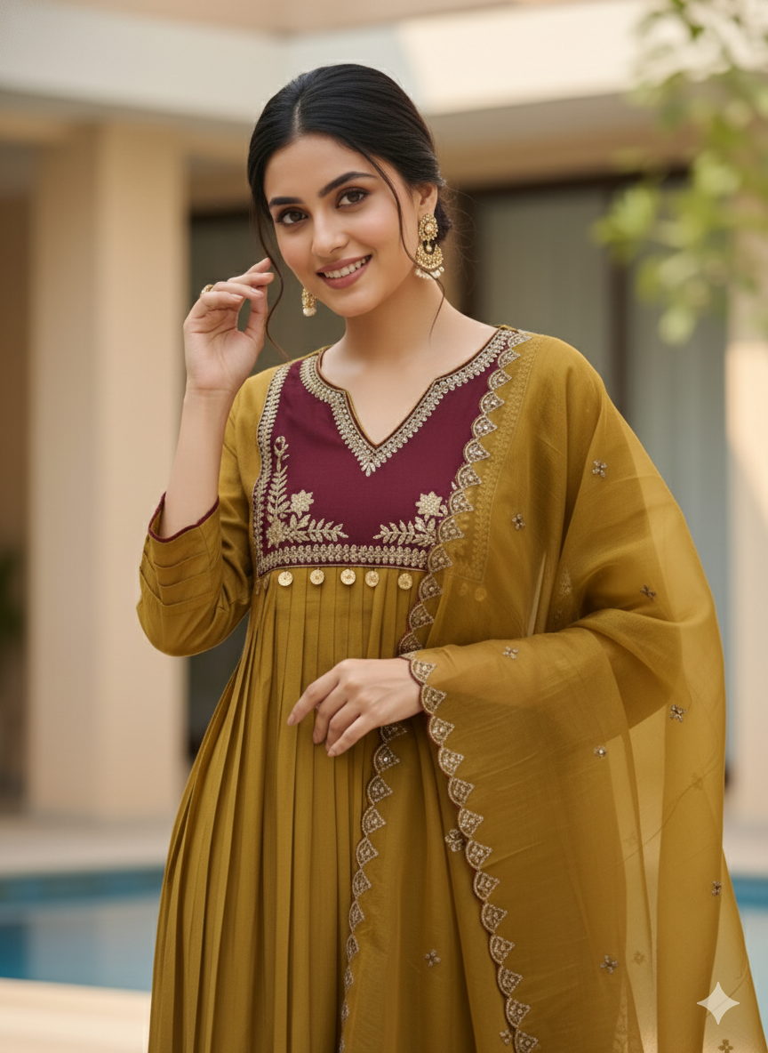 Designer Golden Embroidery Kurti Pant with Dupatta Set