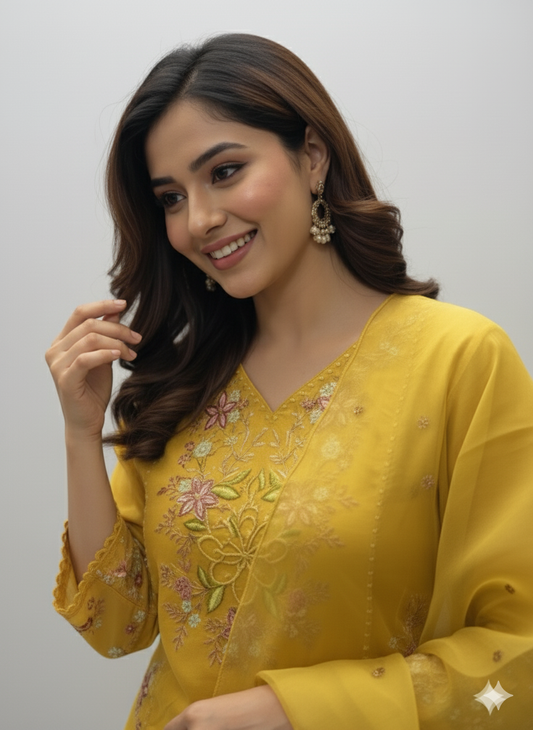 Mustard Designer Embroidered Kurti Pant with Dupatta Set