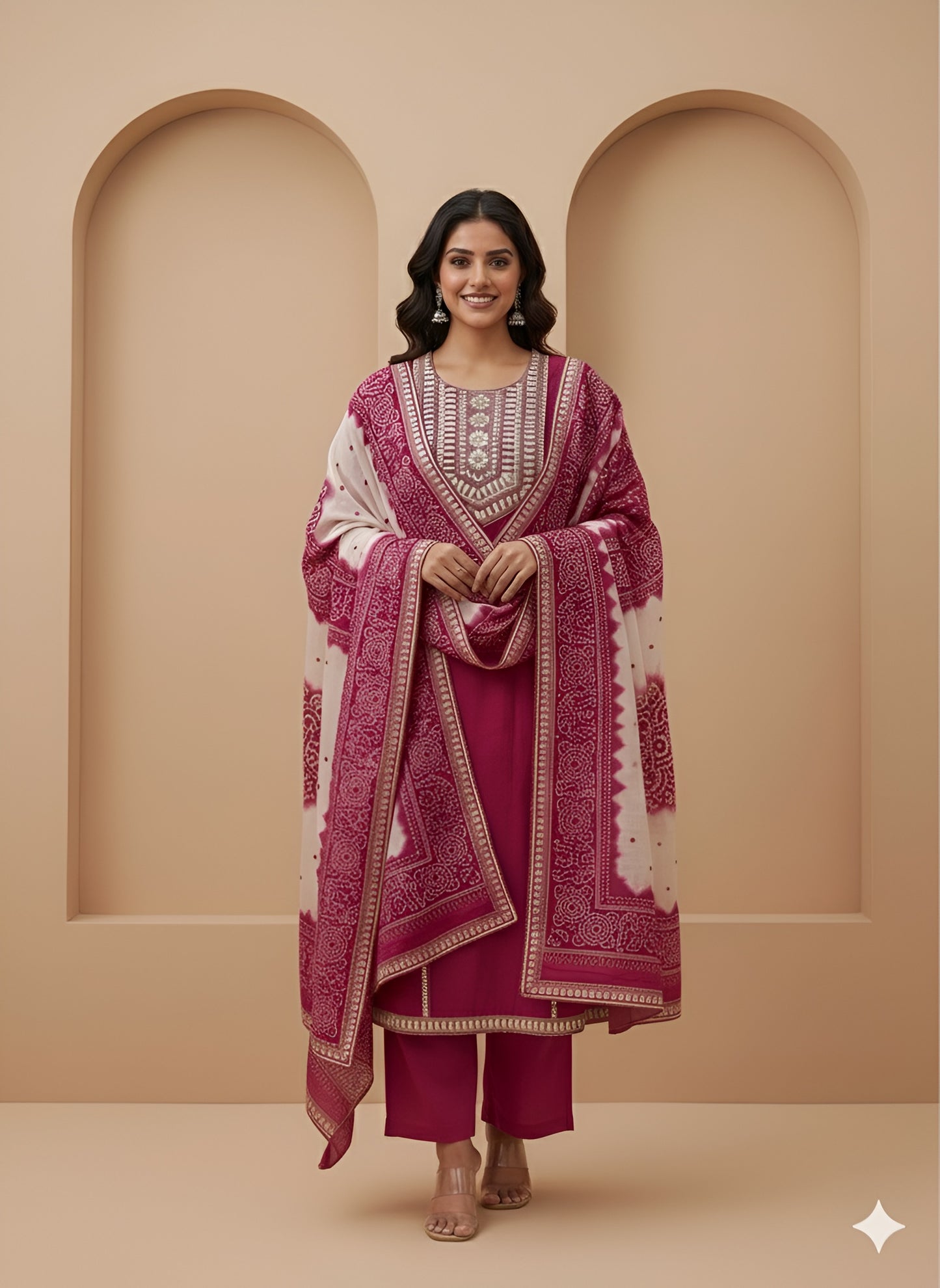 Pink Designer Embroidery Kurti with Pant and Dupatta Set