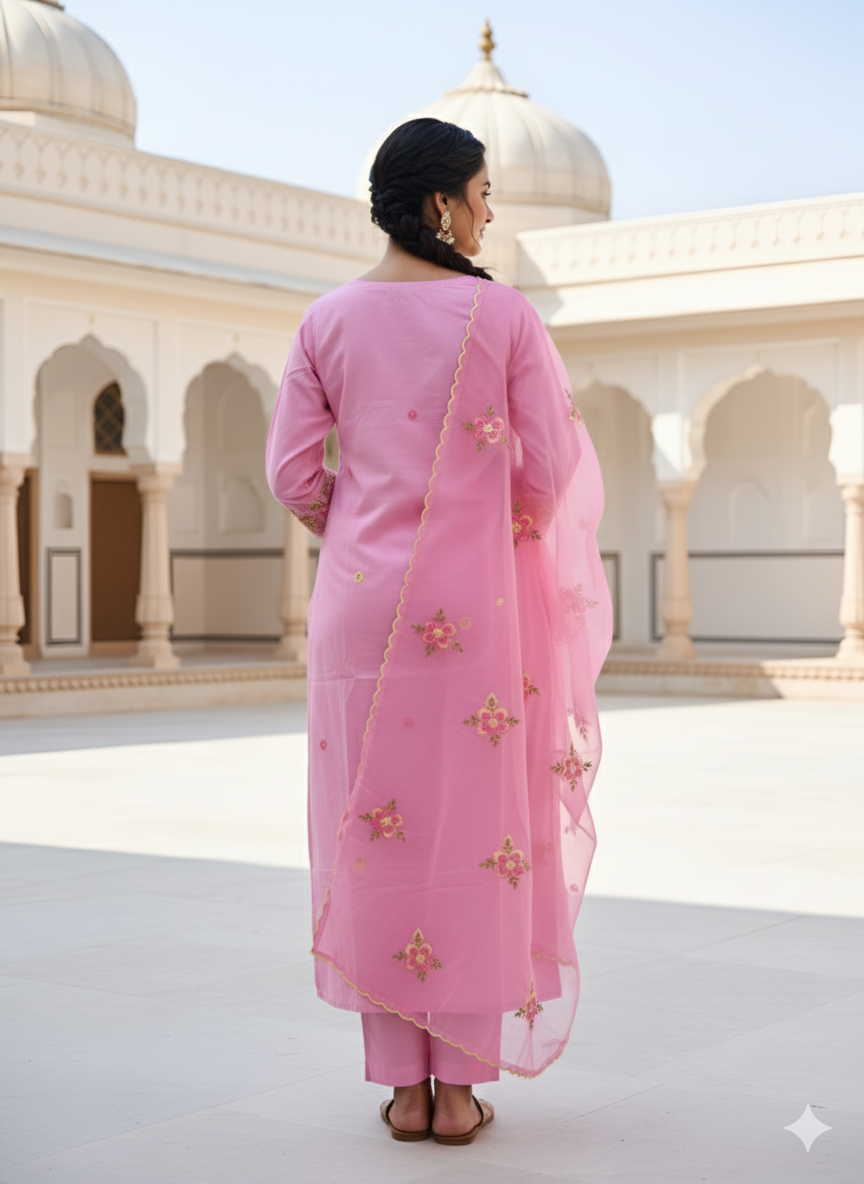 Pink Cotton Embroidery 3 - Piece Set