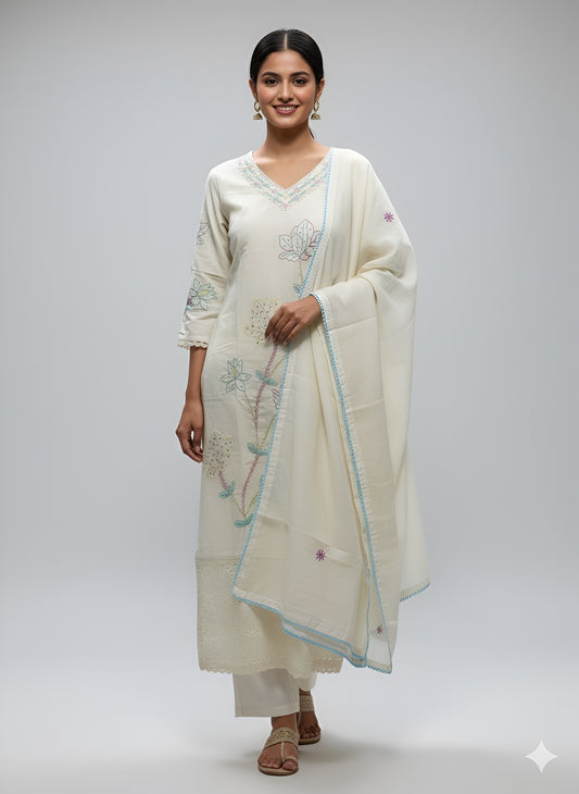 Pure Cotton Hand Embroidered Kurti Pant with Dupatta