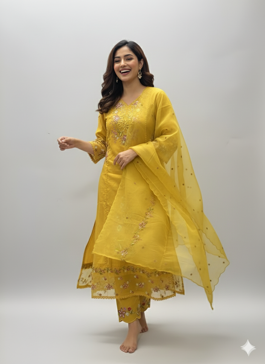 Mustard Designer Embroidered Kurti Pant with Dupatta Set