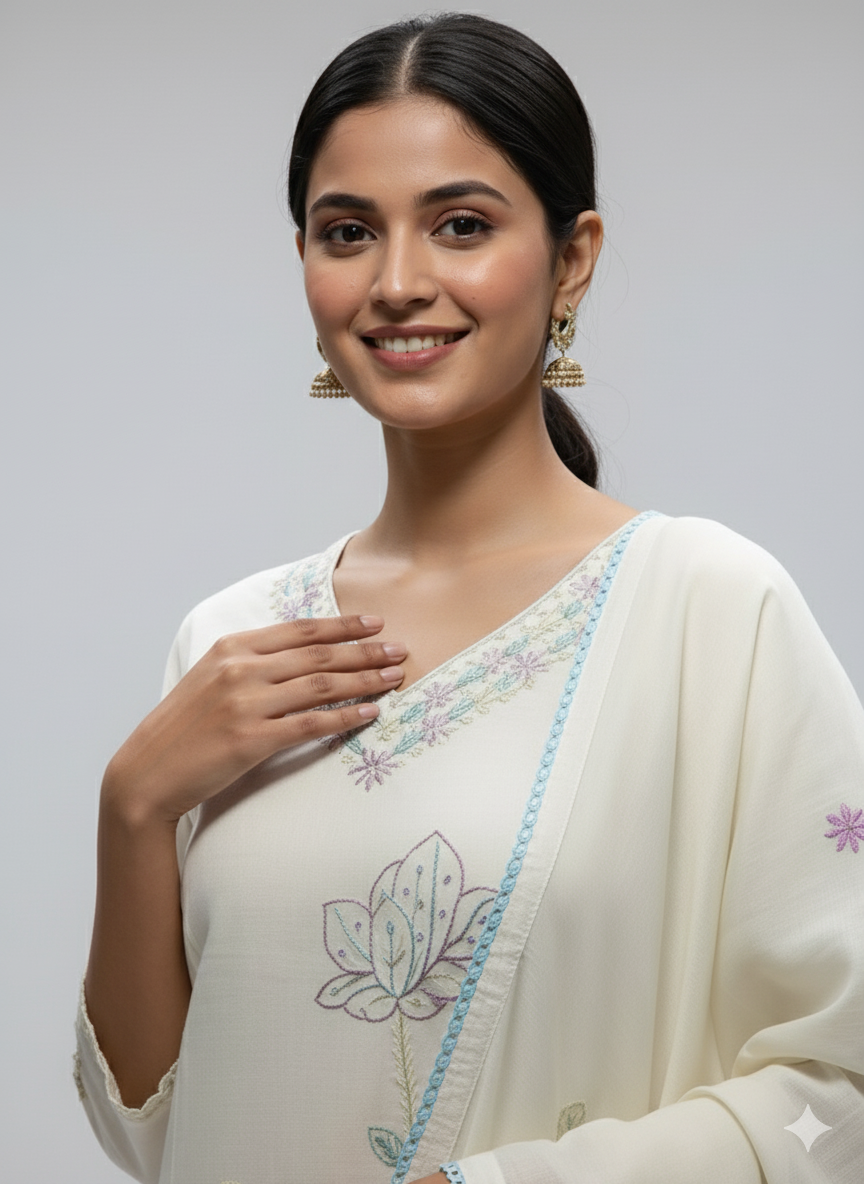 Pure Cotton Hand Embroidered Kurti Pant with Dupatta