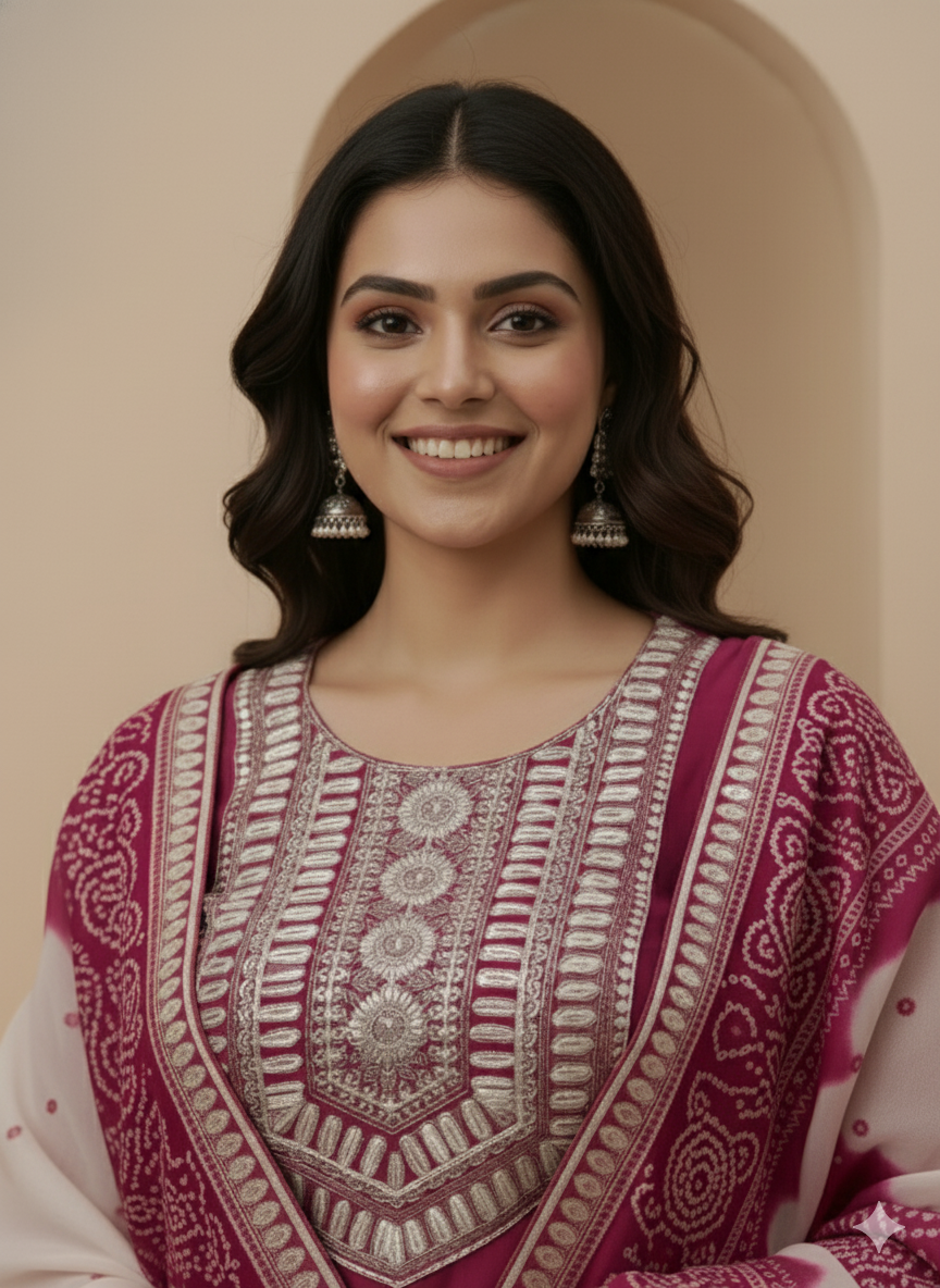 Pink Designer Embroidery Kurti with Pant and Dupatta Set