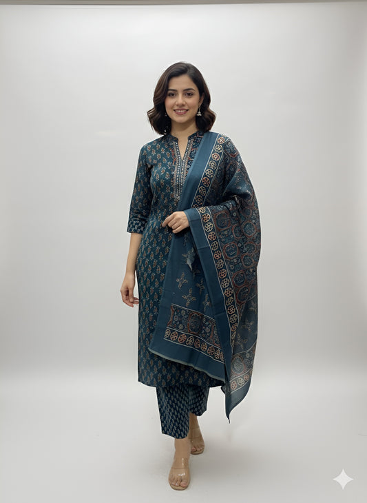 Ajrakh Print Cotton Kurti Pant with Dupatta Set