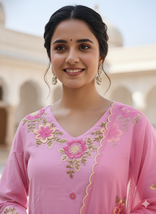 Pink Cotton Embroidery 3 - Piece Set