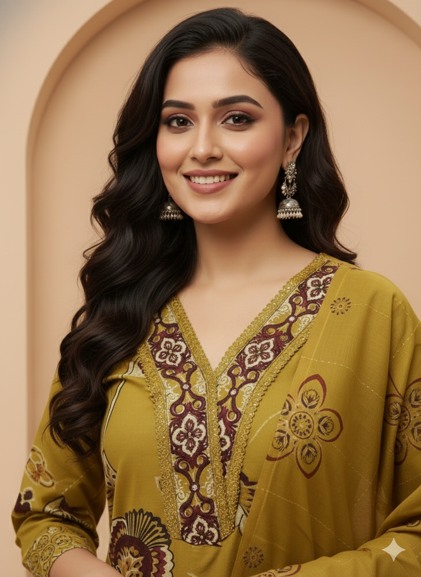 Mustard Floral Print Kurti with Pant and Dupatta Set